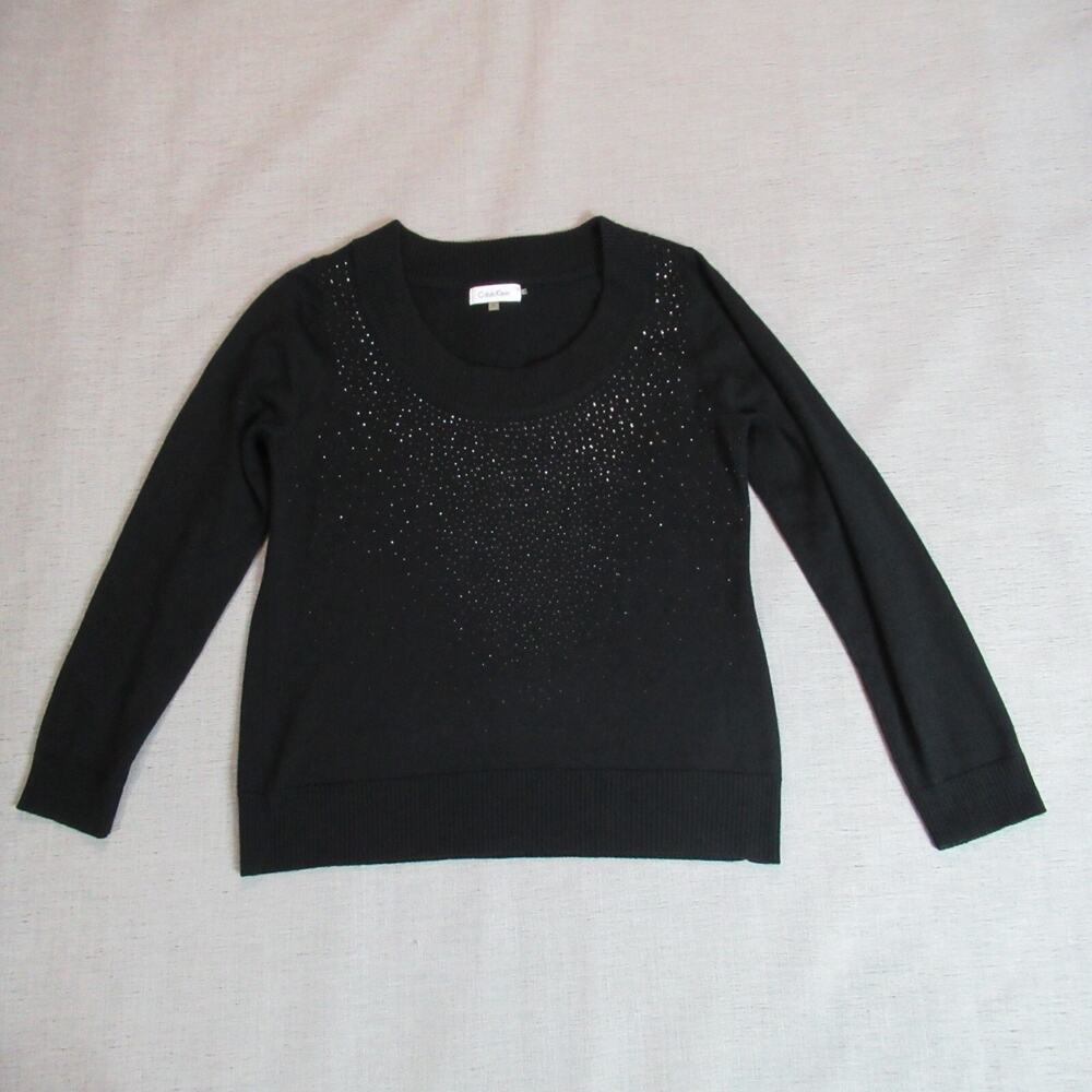 Calvin Klein Sweater Womens Large Black Wool Blend Knit Pullover Studded Holiday